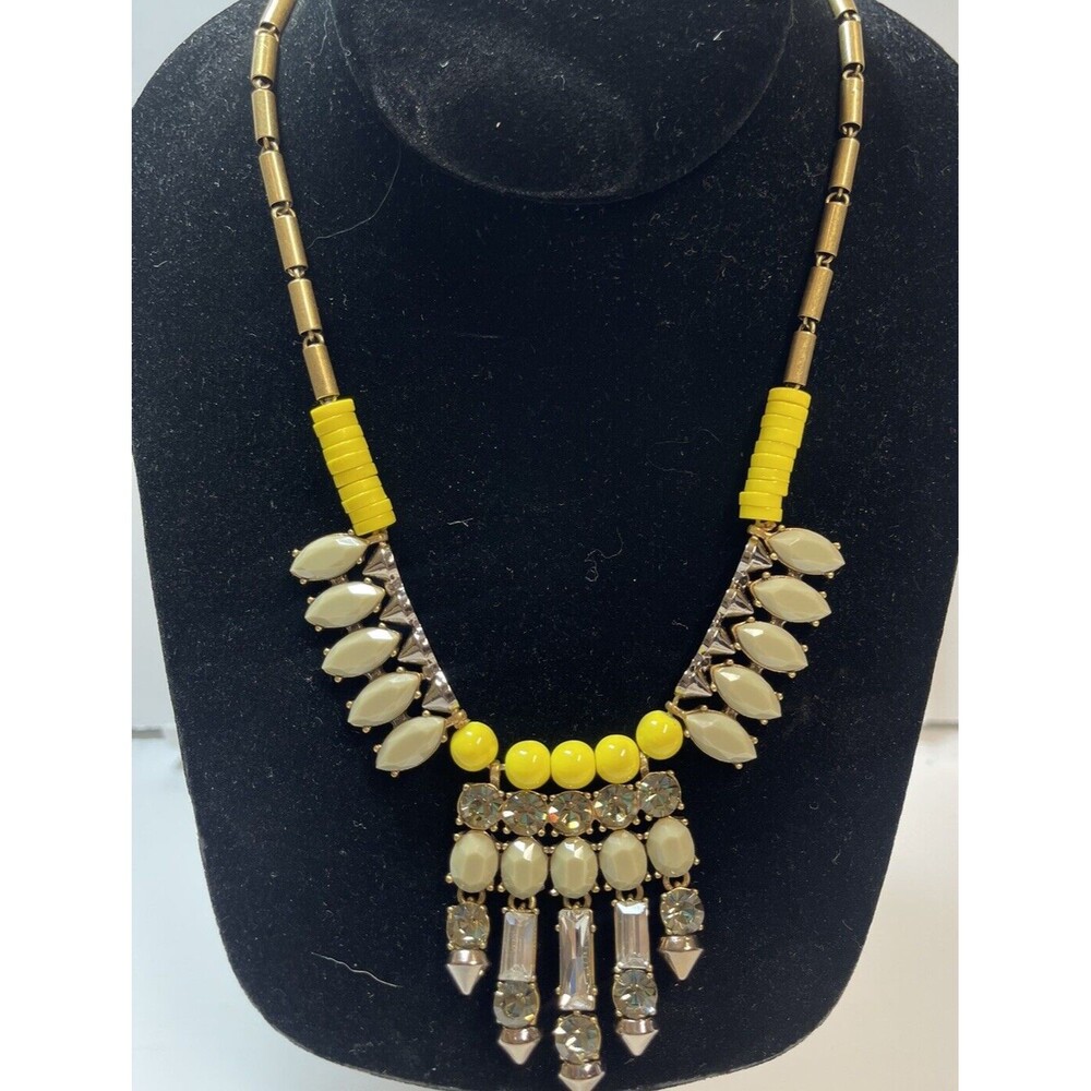 J Crew Gold Tone Yellow & Gray Tribal Style Statement Necklace
